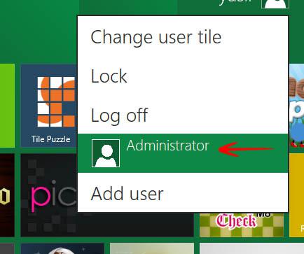 The Administrator user option is enabled in the Start Menu