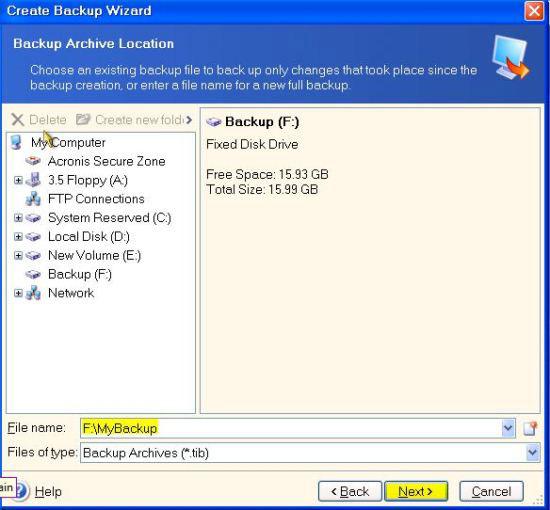Specify a Backup Location and Backup File Name