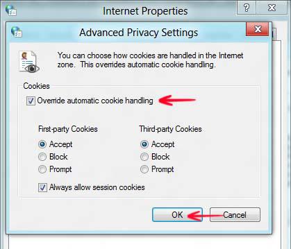 Check Override Automatic Cookie Handling in Advanced Privacy Settings and click OK