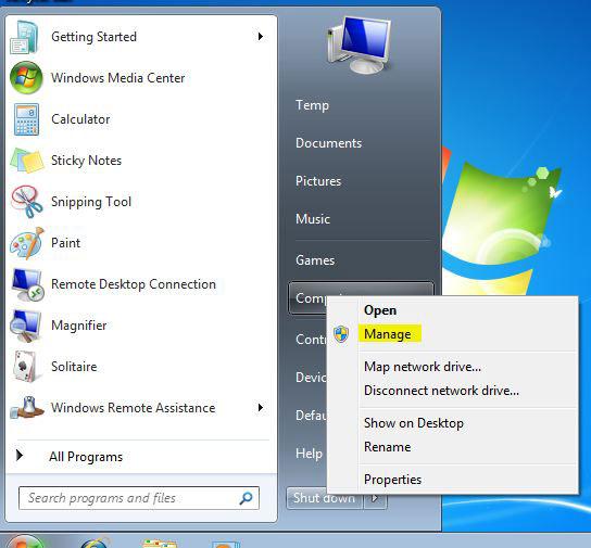 Click on Manage to Open Computer Management Snap-in
