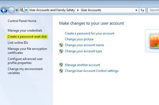 Click on Create a Password Reset Disk Link