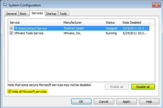 Hide Microsoft Services and Disable Other Services to Isolate the Culprit Service(s)