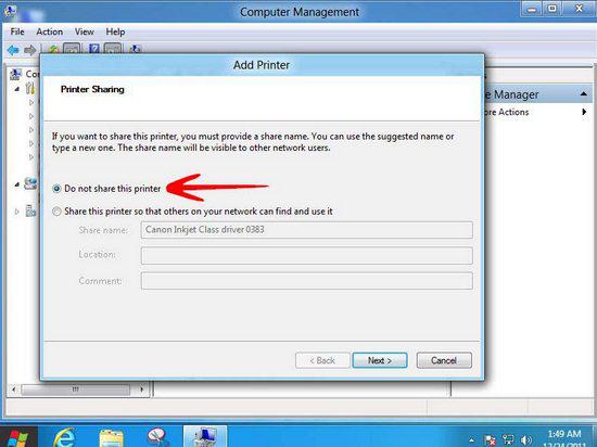 Select Do not share this printer