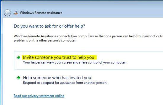 Invite for Remote Assistance