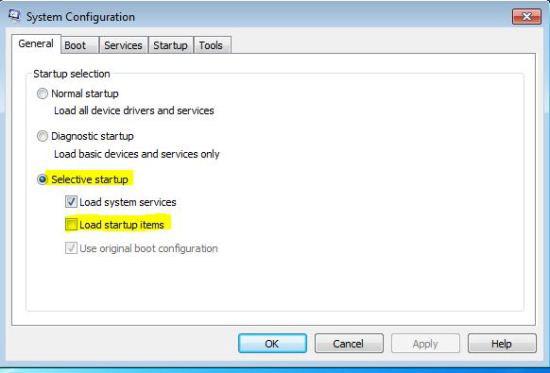 Uncheck Load Startup Items