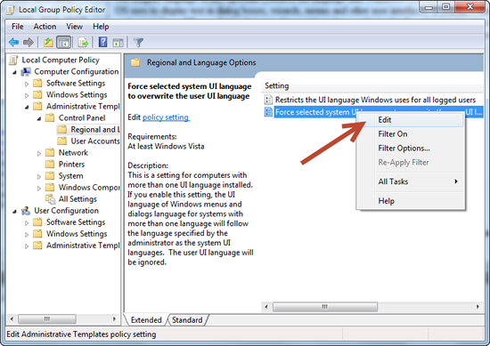 Local Group Policy Editor Language force