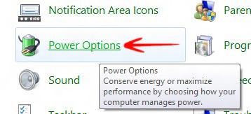 Power Options Of Control Panel