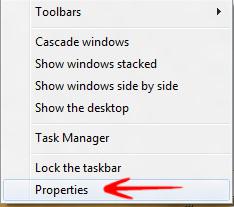 Properties of Taskbar
