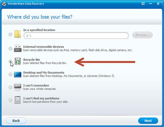 Check Recycle Bin and click Next