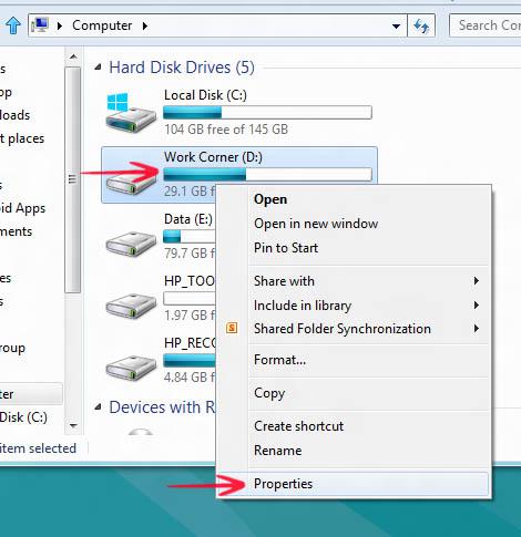 Right click hard drive and select Properties