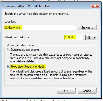 Specify the Location and Maximum Size of VHD File