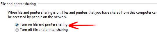 Turn on file and printer sharing