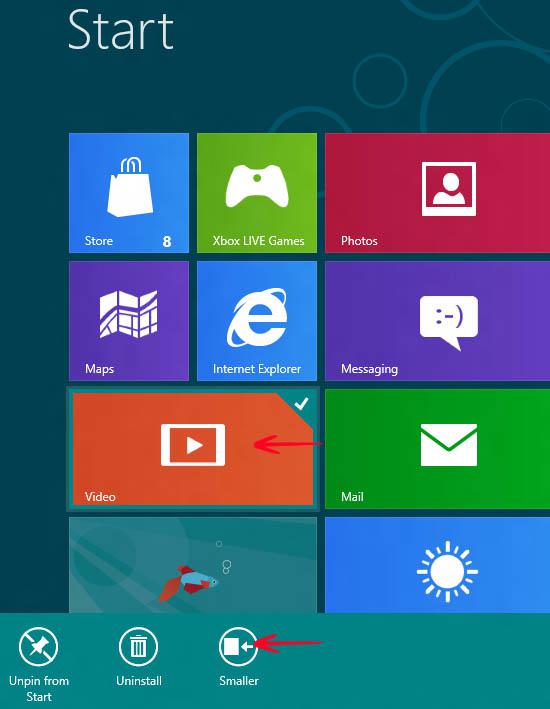 Windows Start Metro Menu right click Video app and select smaller