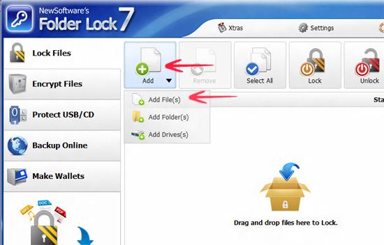 Add files or folders or drag and drop to lock in folder lock 7