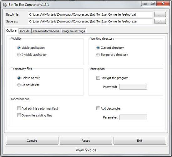 Setting up preferences for .bat to .exe conversion