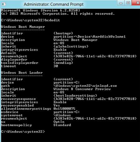 Boot entries bcdedit