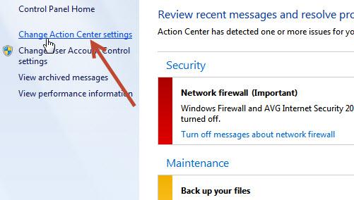 Click Change Action Center Settings