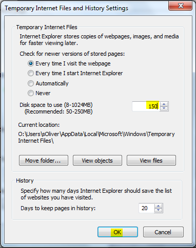 Change Internet Explorer Cache Size via IE