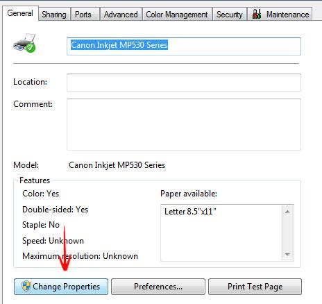 Change network printer properties elevated