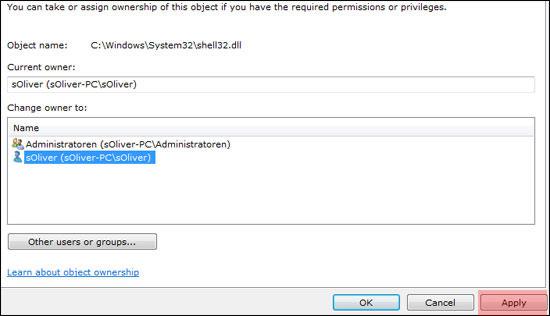 Change Shell32.dll Ownership