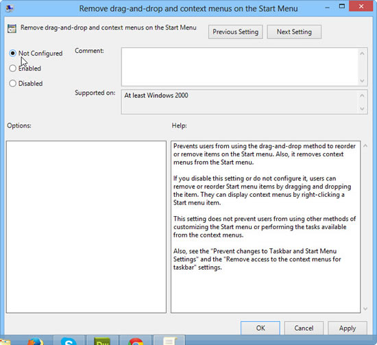 Enable or disable remove drag and drop and context menus on the Start Menu