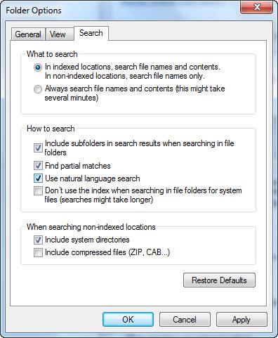 Check Use Natural Language search in Windows 7 folder options