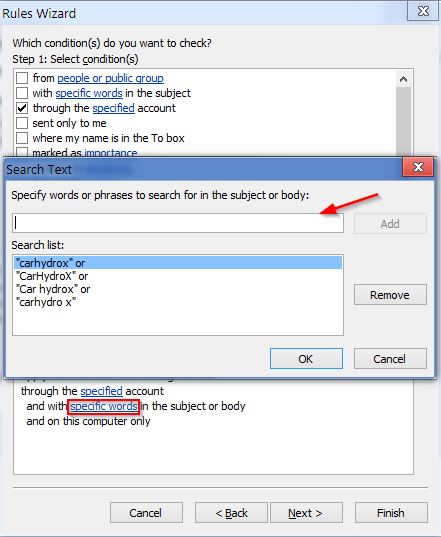 Choose the specified account and keywords for Outlook to search