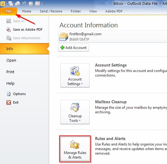 Click on File then Manage Rules and Alerts