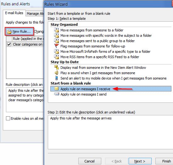 Click New Rule then select Apply Rule on messages I receive