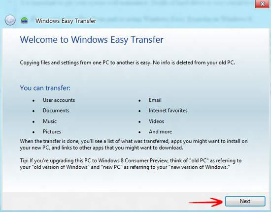Click Next on Windows Easy Transfer