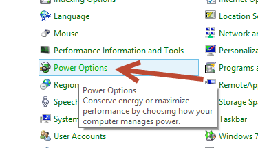 Click on Power Options in Windows 8