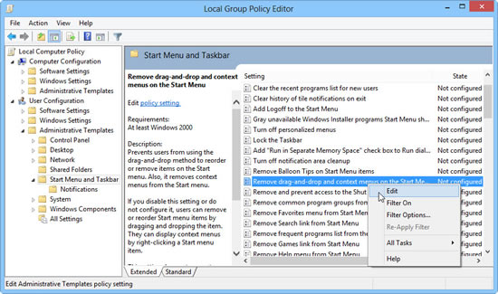 Right click Remove drag-and-drop and context menus on the Start Menu and select Edit