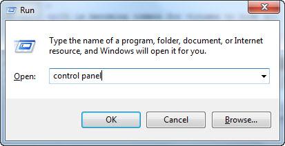 Type Control Panel in Run in Windows 7