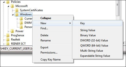 Create new registry key personalization