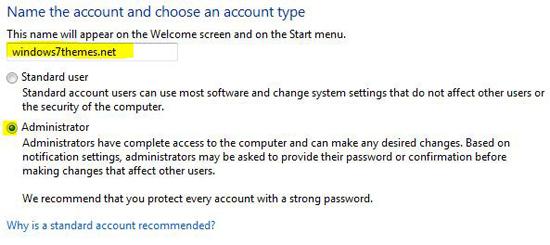 Create new user account: Standard or Administrator