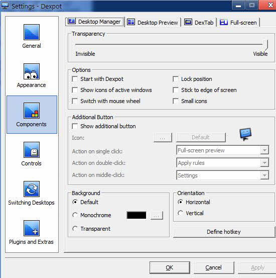 Dexpot Components menu options