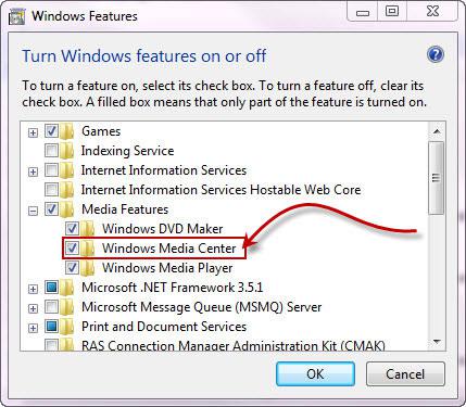 Uncheck Windows Media Center