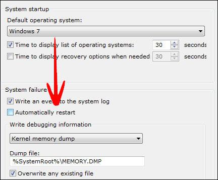 Disable automatic restart after system failure