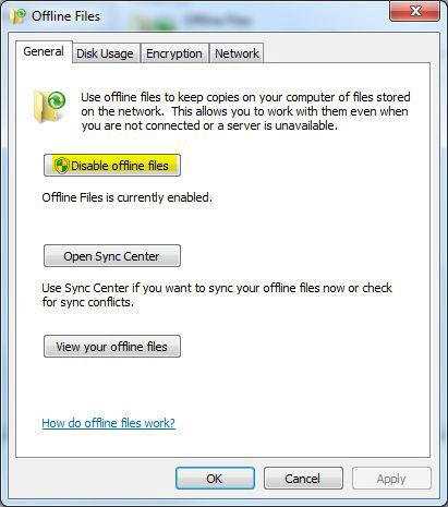 Disable Offline Files Windows 7