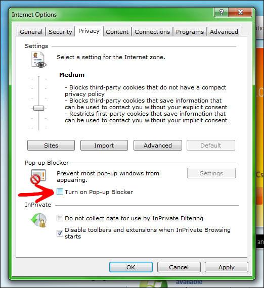 Disable Popup Blocker: Internet Explorer 9