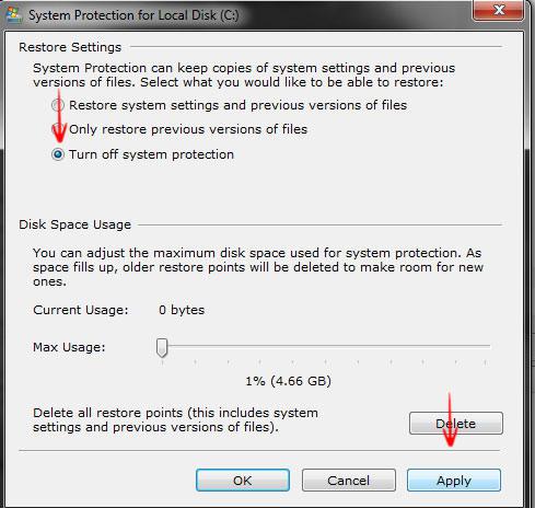 Disable system restore in Windows 7