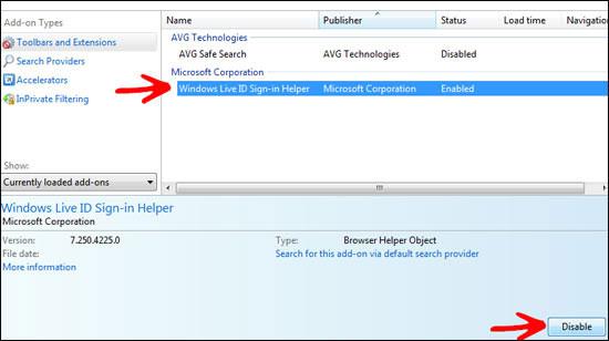 Disabling addons in Internet Explorer 9