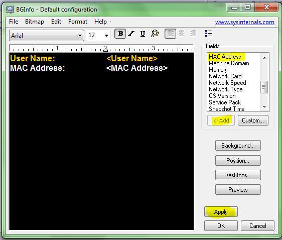 Display MAC Address on Windows 7 Desktop