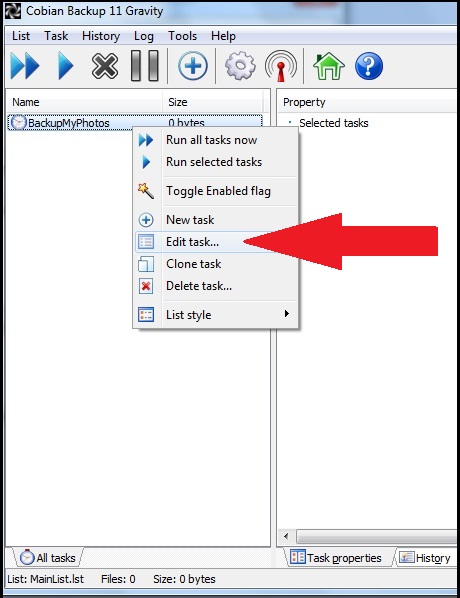 edit backup task