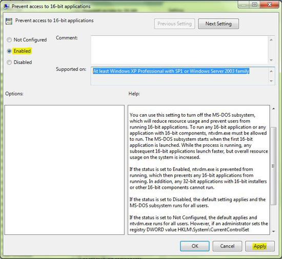 Enable Group Policy 16bit applications