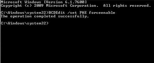 Enable PAE in Windows 7