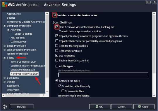 Enable removable media scan in AVG