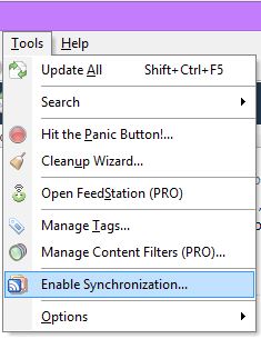 Enable sync from Tools menu in FeedDemon