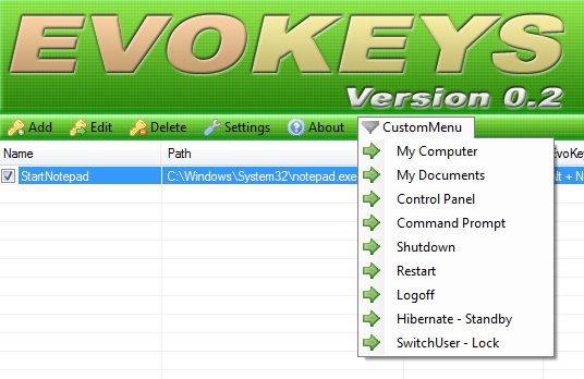 evokeys custom menu