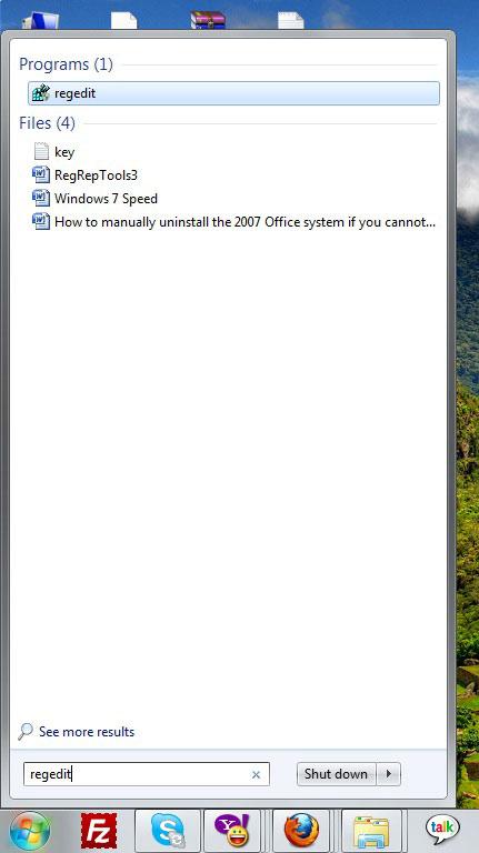 Search Result Showing regedit